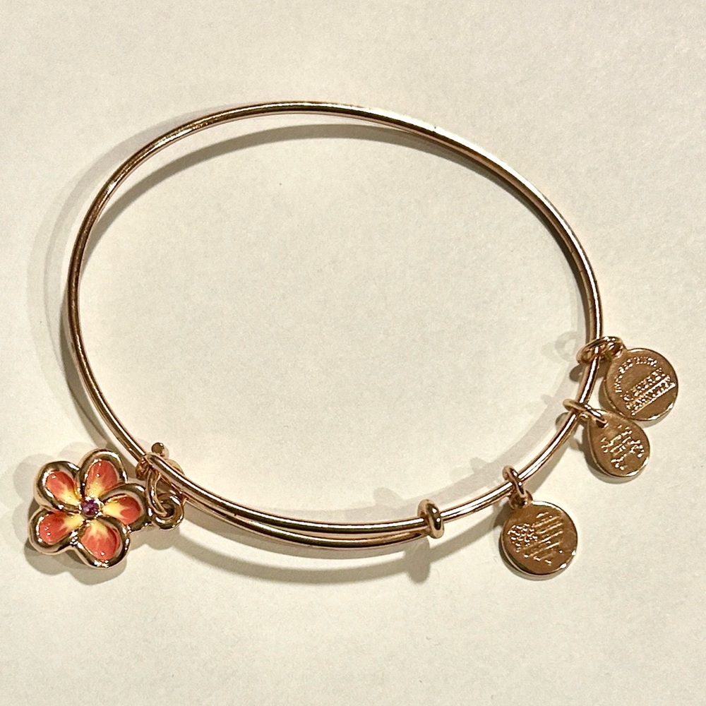 Alex and Ani Rose Gold Flower Charm w/ Red Gem Bracelet/Bangle